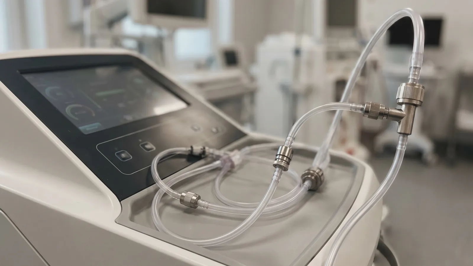 Clear medical tubing and connectors resting on dialysis equipment.