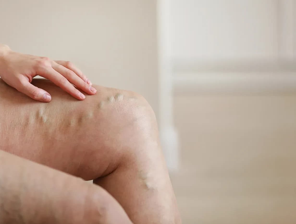 Bulging, ropy varicose veins on a patient's leg — the visible sign of failed vein valves.